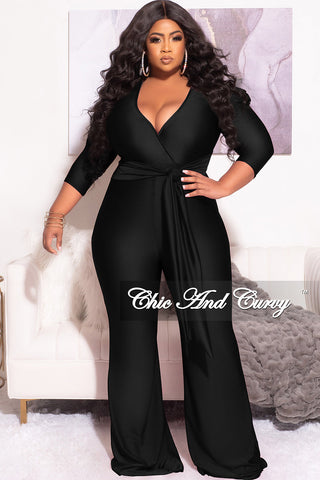 Final Plus Size Faux Wrap 3/4 Sleeve Shiny Jumpsuit in Black