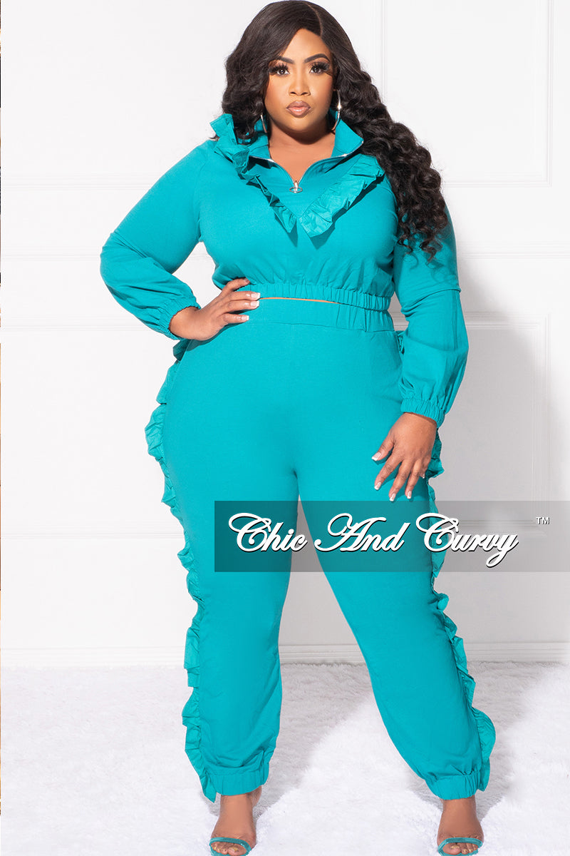 Final Sale Plus Size 2pc Crop Top and Ruffle Pants Set in Teal