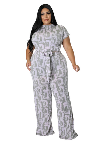 Final Sale Plus Size 2-Piece Short Sleeve Tie Top and Pants Set in Grey & Pink