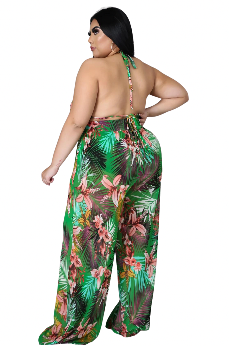 Final Sale Plus Size 3pc Set Mesh Bikini Top, Briefs & Pants in Green Tropical Print