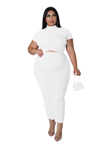 Final Sale Plus Size 2pc Set Ruched Crop Top & Skirt in White
