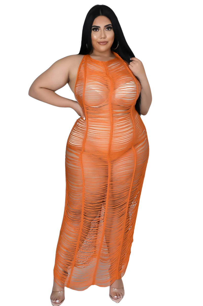 Final Sale Plus Size See-thru Halter Dress / Cover up in Orange Summer