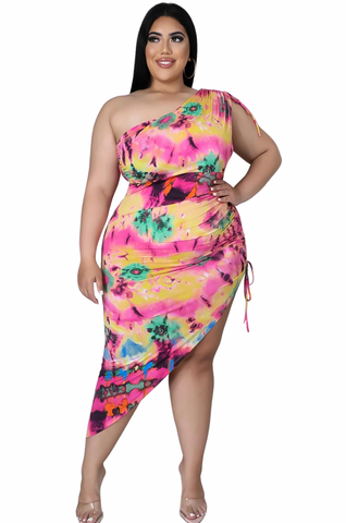 Final Sale Plus Size One Shoulder Dress in Pink Multi-Color Print