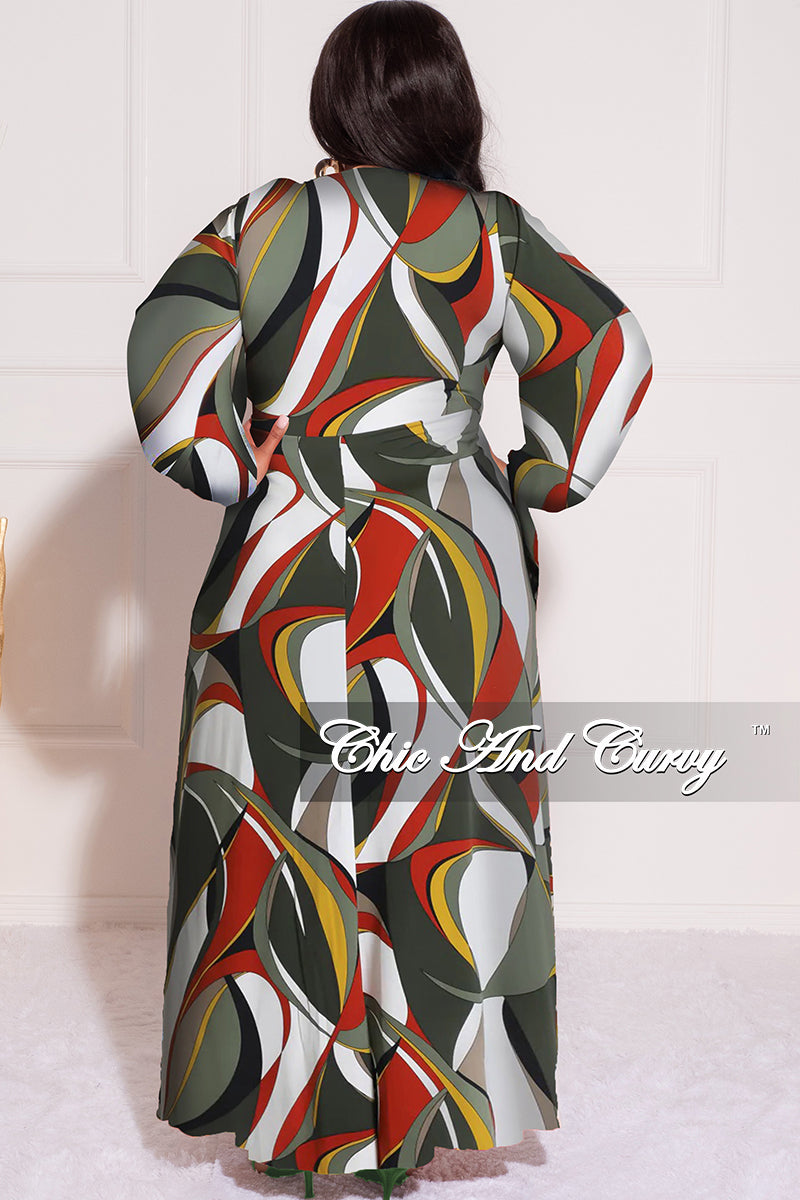 Final Sale  Size Faux Wrap Maxi Dress with Double Slits in Olive Multi Color Print