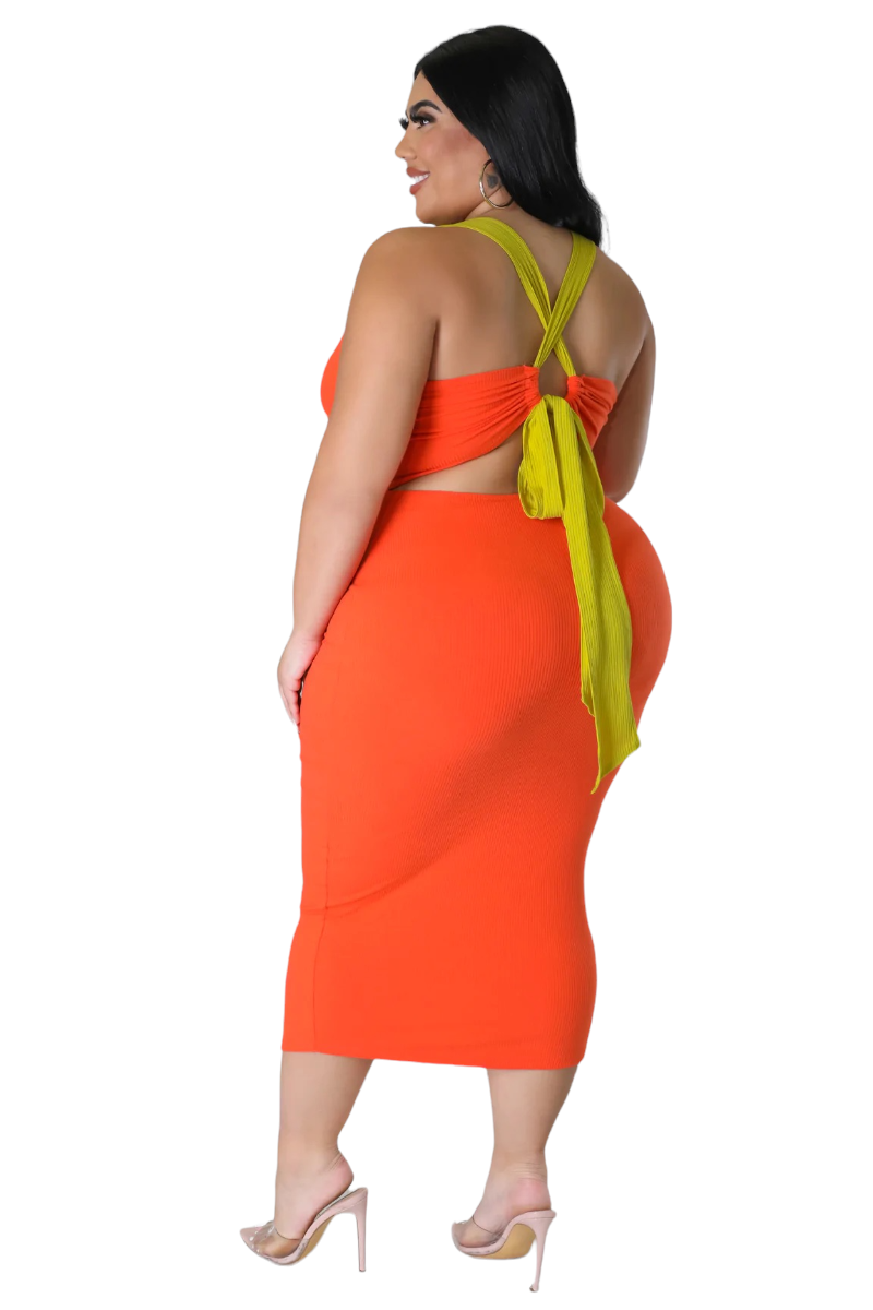 Final Sale Plus Sleeveless Ribbed Midi BodyCon Dress with Criss Cross Back in Orange and Mustard