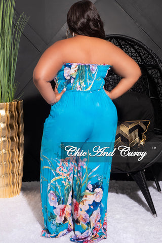 Final Sale Plus Size Jumpsuit with Tie Waist in Turquoise Floral Print