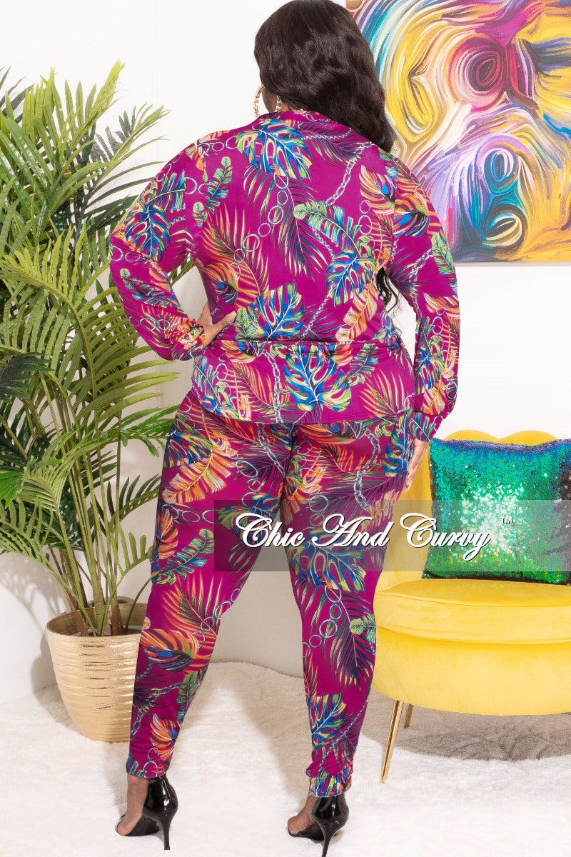 Final Sale Plus Size 2-Piece Button Up Collar Top and Pants Set in Fuchsia Multi Color Leaf Print
