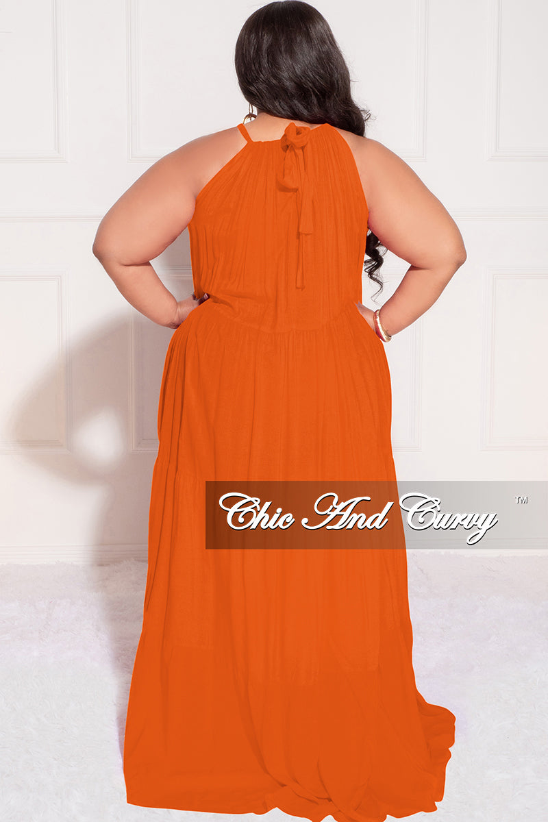 Final Sale Plus Size Long Halter Dress with Back Tie in Orange