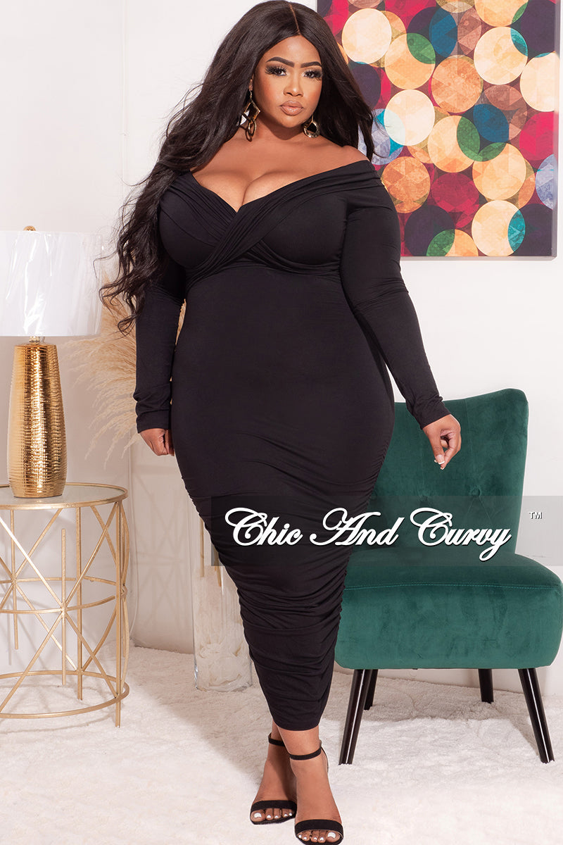 Final Sale Plus Size Off the Shoulder Criss-Cross BodyCon with Ruched Sides in Black