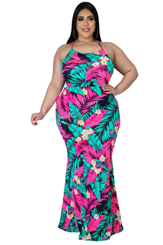 Final Sale Plus Size Sleeves Maxi Dress with Criss-Cross Back in Fuchsia and Teal Leaf Print