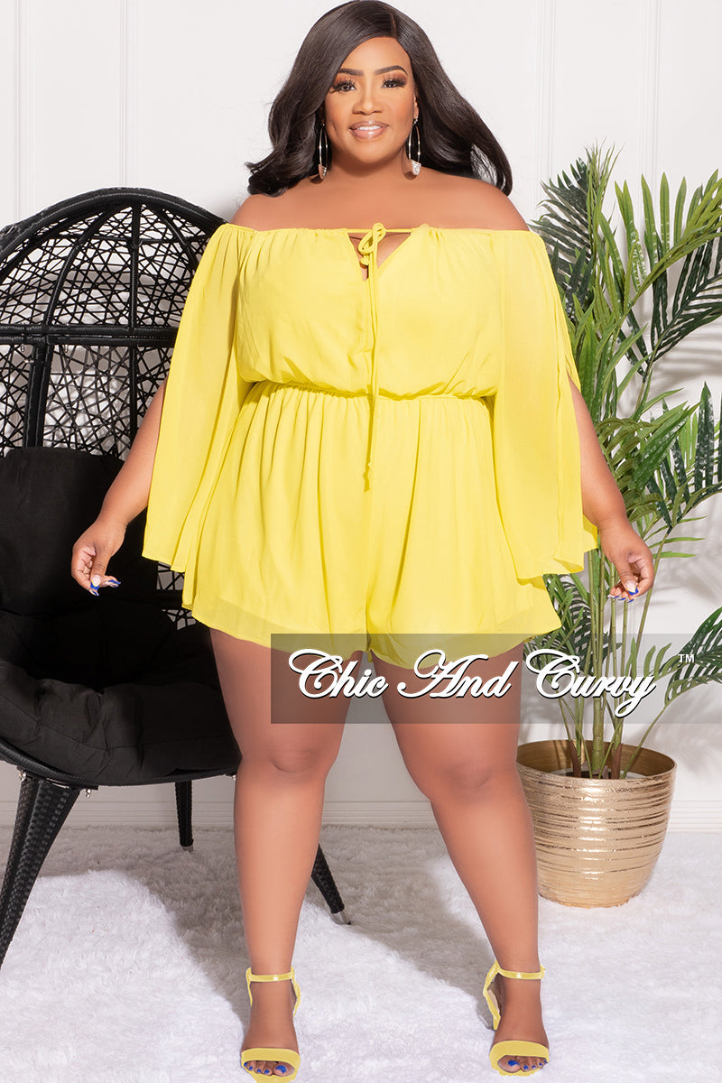 Final Sale Plus Size Off the Shoulder Chiffon Romper with Slit Sleeves in Yellow