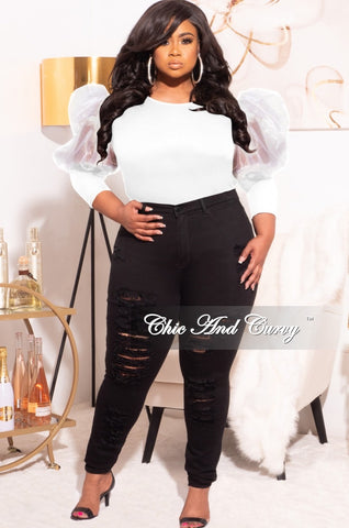Final Sale Plus Size Ribbed Top with Organza Puffy Sleeves in White