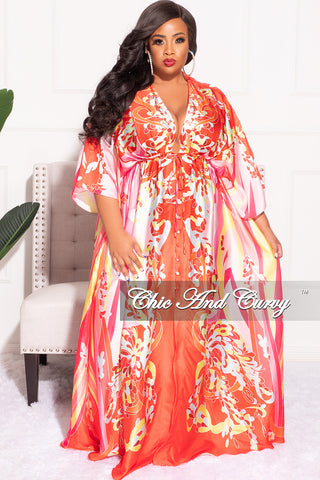 Final Sale Plus Size Satin Button Up Maxi Dress in Red Pink and Neon Yellow Design Print