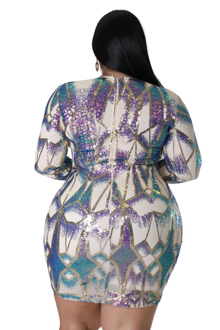 Final Sale Plus Size Dress in Beige and Multi Color Sequin & Feather Cuffs