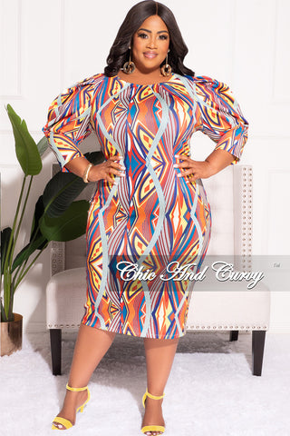 Final Sale Plus Size BodyCon Midi Dress with Puffy Sleeve in Multi-Color Design Print
