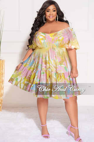 Final Sale Plus Size Smocked Chiffon Dress in Pink & Yellow Print