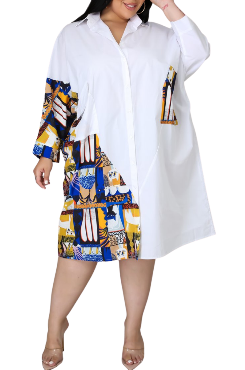 Final Sale Plus Size Shirt Dress with Blue & Yellow Kitty Print