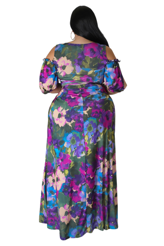 Final Sale Plus Size 2pc Faux Wrap Crop Tie Top And Double Slit Skirt Set in Purple Multi Floral Print