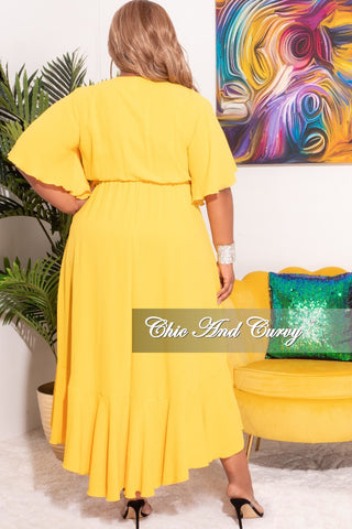 Final Sale Plus Size Faux Wrap High-Low Dress with Waist Tie in Yellow