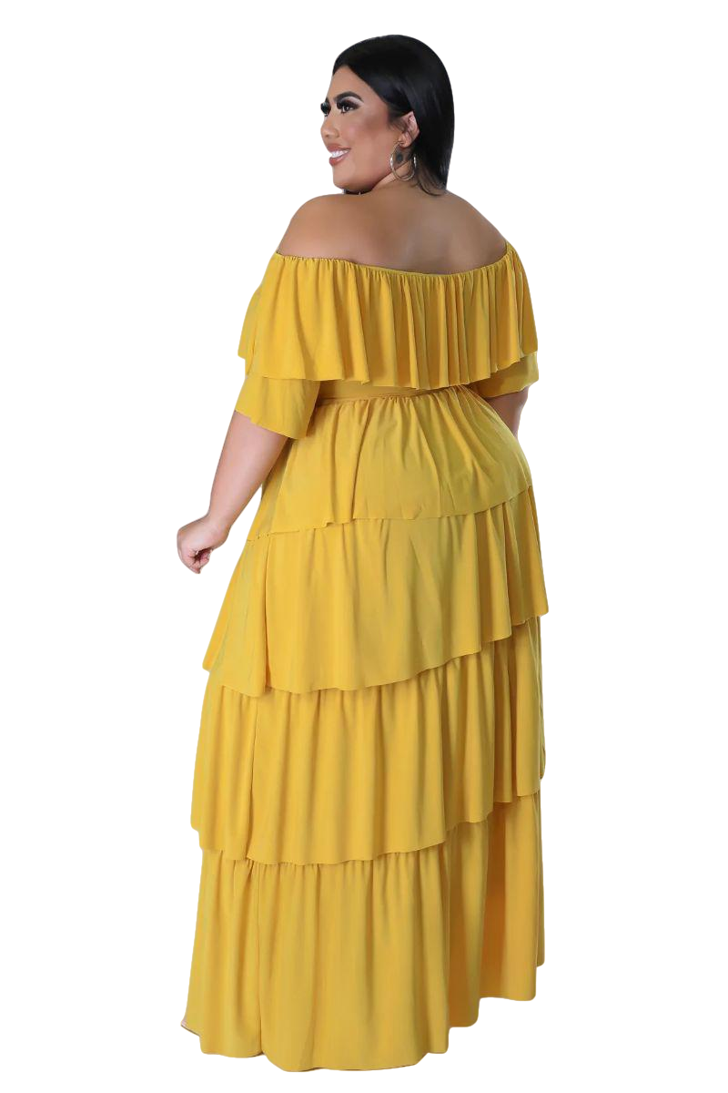 Final Sale Plus Size 2pc Ruffle Tiered Off the Shoulder Crop Top Maxi Skirt Set in Mustard