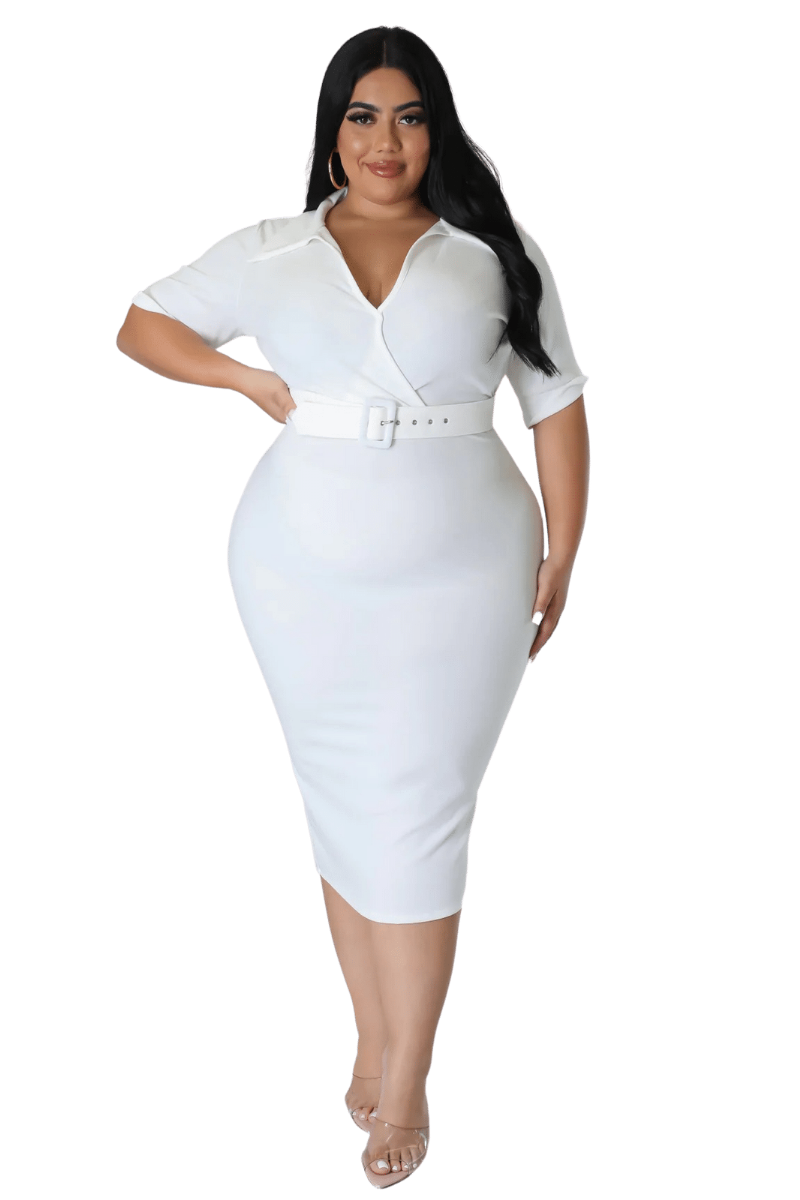 Final Sale Plus Size Collar Faux Wrap Belted BodyCon Dress in White