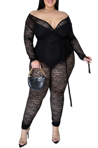 Final Sale Plus Size Long Sleeve Faux Wrap Jumpsuit with Attached Tie in Black Lace