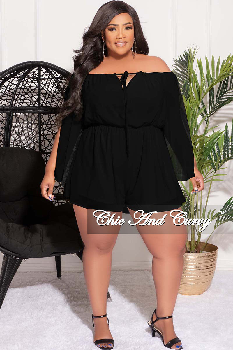 Final Sale Plus Size Off the Shoulder Chiffon Romper with Slit Sleeves in Black