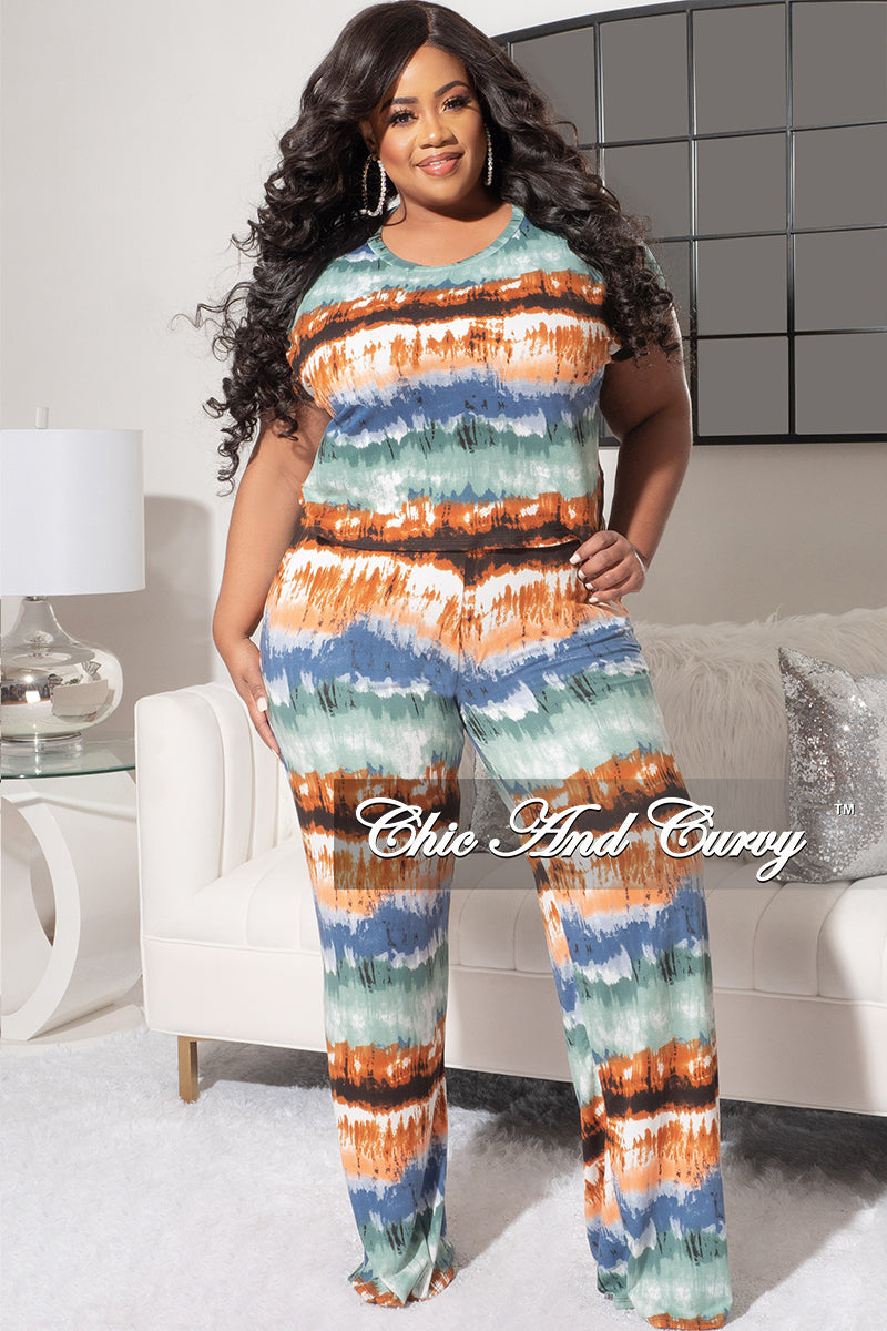 Final Sale Plus Size 2Pc Set with Crop Top & Pants in Teal Multi-Color Print