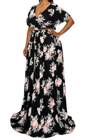 Final Sale Plus Size 2pc Cropped Tie Top and Skirt Set in Black Floral Print Summer