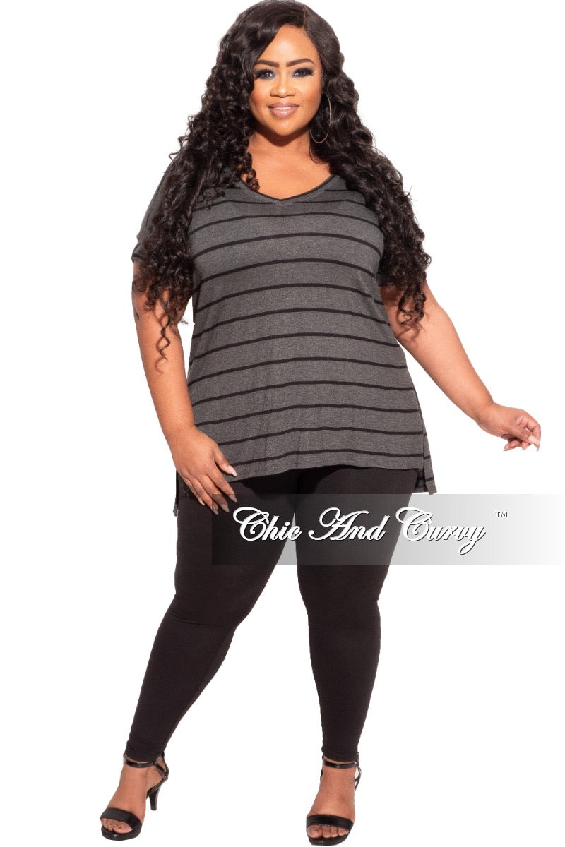 Final Sale Plus Size 2-Piece Striped Top and Solid Legging Set in Black and Grey Stripe