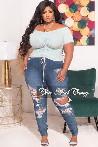 Final Sale Plus Size Ribbed Ruched Drawstring Crop Top in Seafoam Green