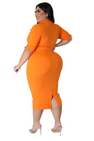 Final Sale Plus Size Collar Faux Wrap Belted BodyCon Dress in Orange