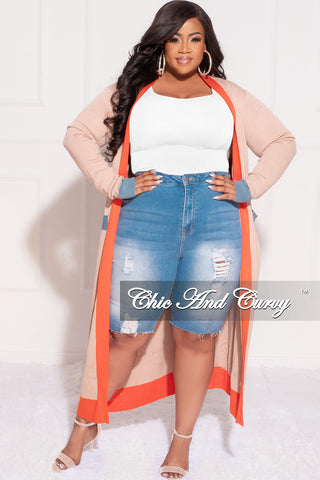 Final Sale Plus Size Sweater Duster with Tie in Tan Orange & Baby Blue