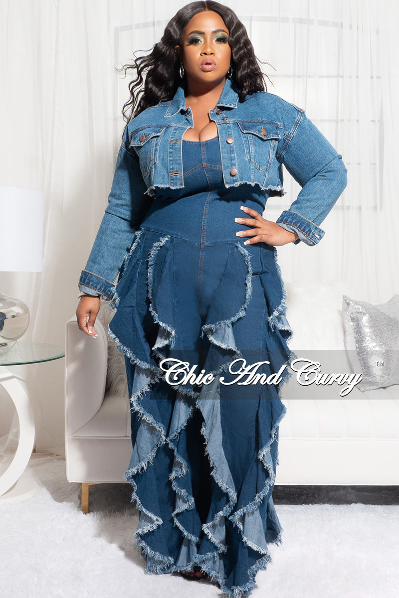*Final Sale Plus Size Crop Jacket with Distressed Back in Denim
