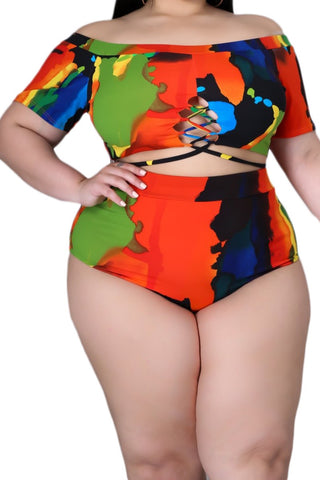 *Final Sale Plus Size 2-Pc Poolside Playsuit (Off The Shoulder Crop Top & High Waist Bottoms) in Multi-Colors