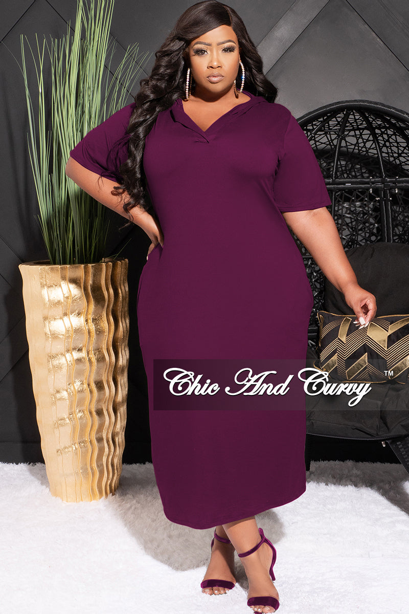 Final Sale Plus Size Hooded Midi Dress with Distress Back in Purple Plum