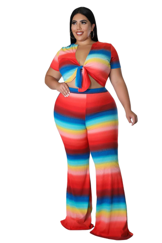 Final Sale Plus Size 2pc Crop Top and Pants Set in Ribbed Rainbow Color