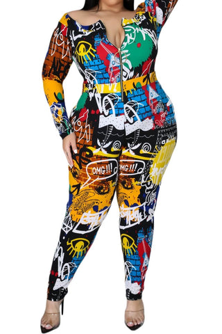 Final Sale Plus Size Off the Shoulder Jumpsuit in Black Multi-Color Graffiti Print