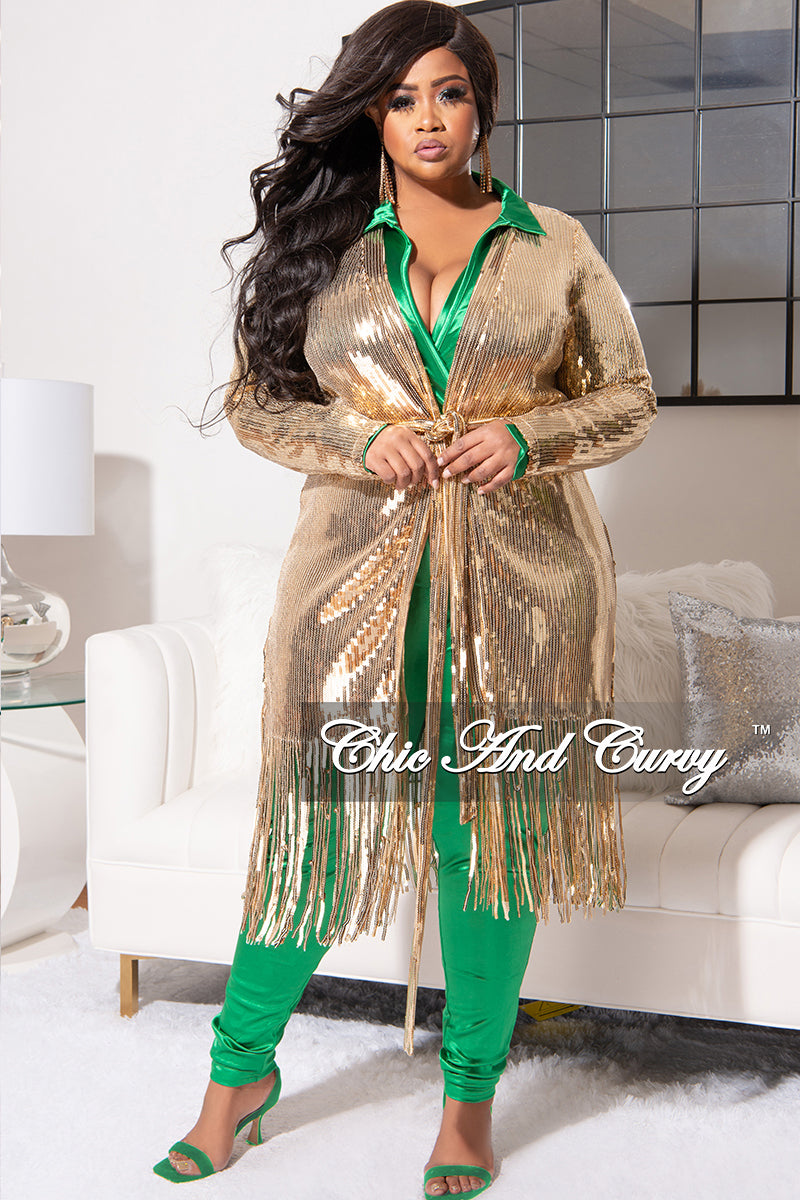 Final Sale Plus Size Faux Sequin Duster with Belt in Gold