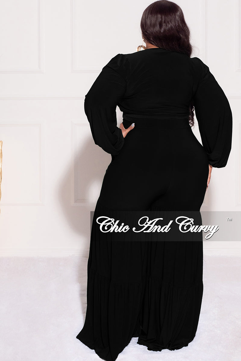 Final Sale Plus Size 2pc Long Sleeve Crop Tie Top and 3-Layer Pants Set in Black