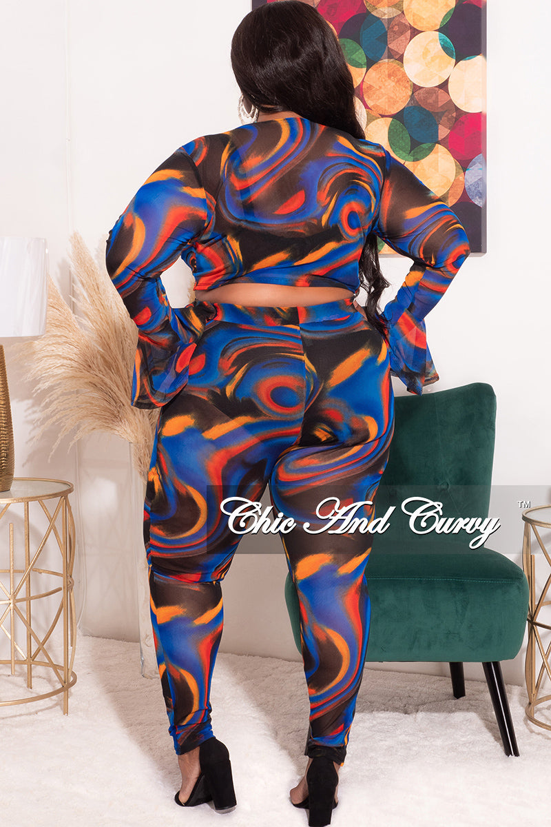 Final Sale Plus Size Sheer Bell Sleeve Tie Top and High Waist Pants Set in Royal Blue Multi Color Print Fall