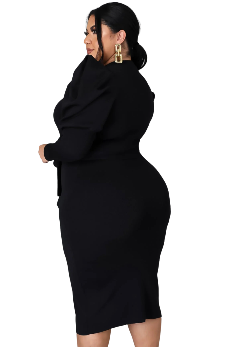 Final Sale Plus Size “Sonya Dress” - Puffy Sleeve Ribbed BodyCon Dress with Waist Tie in Black