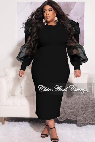 Final Sale Plus Size Sheer Organza Puffy Sleeve Bodycon Dress in Black