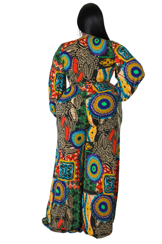 Final Sale Plus Size Faux Wrap Jumpsuit with Waist Tie in Multi Color Design Print