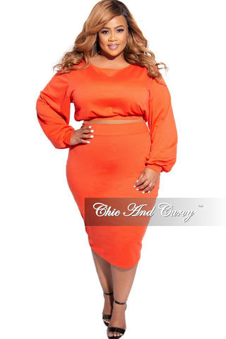 Final Sale Plus Size Exclusive 2-Piece Set Long Sleeve Top and High Waist Pencil Skirt in Orange