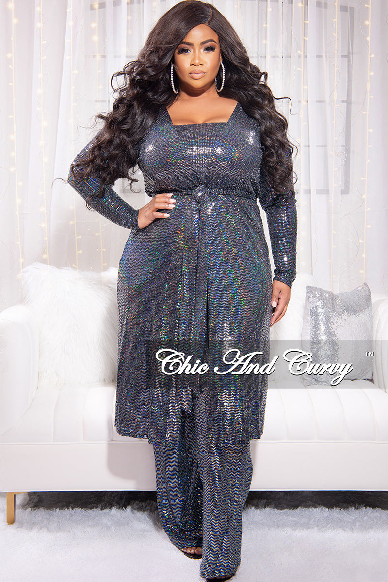 Final Sale Plus Size Faux Sequin Hologram 3-Piece Duster, Crop Top and High Waist Pants Set in Pewter Grey