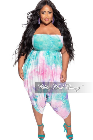 Final Sale Plus Size Strapless Smocked Harem Jumpsuit in Aqua Purple Pastel Tie Dye