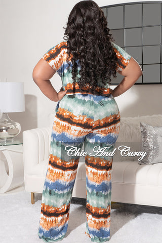 Final Sale Plus Size 2Pc Set with Crop Top & Pants in Teal Multi-Color Print