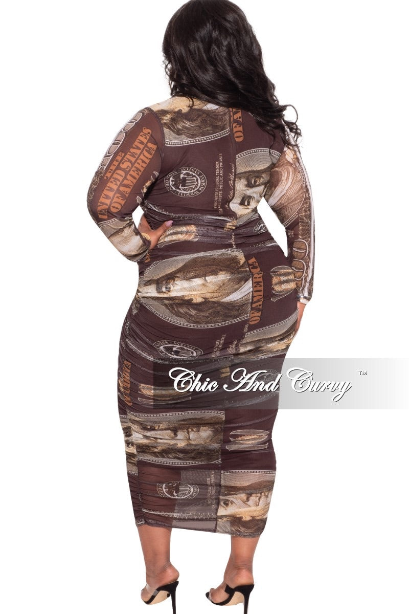 Final Sale Plus Size Mesh Ruched Dress in Brown Money Print