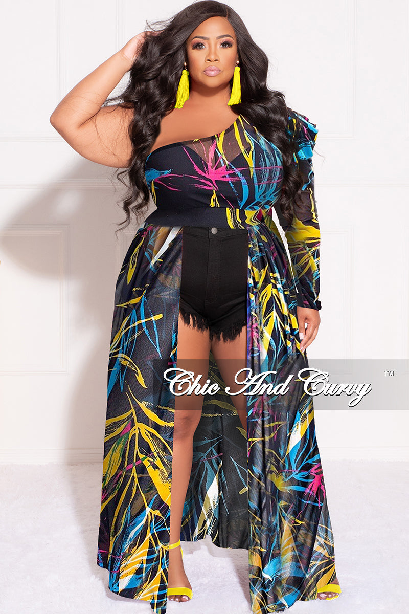 Final Sale Plus Size One Shoulder Mesh Top with Train in Black & Turquoise Multicolor Design Print